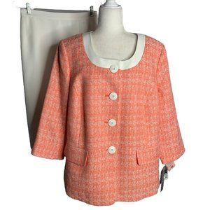 Le Suit Woman 2 pc Jacket Skirt Set 18W Orange White Buttons Lined Elastic Waist